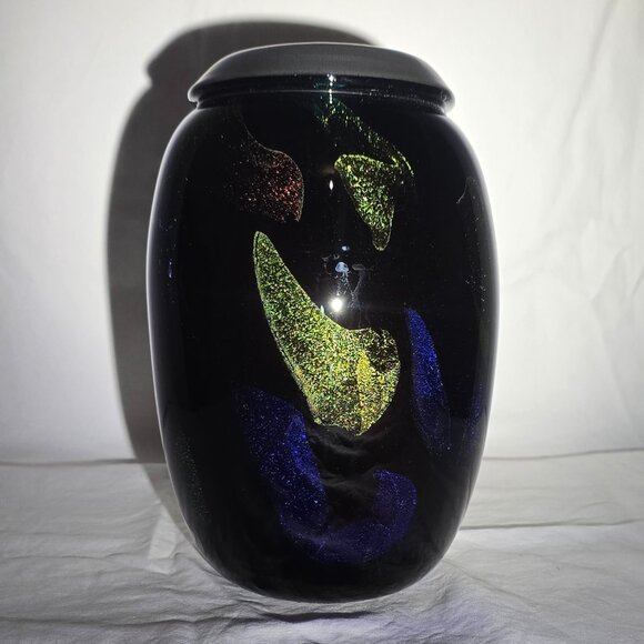 Signed 2001 Studio Hand Blown Art Glass Vase Amber Multi Metallic Flake 9"H - Picture 5 of 8